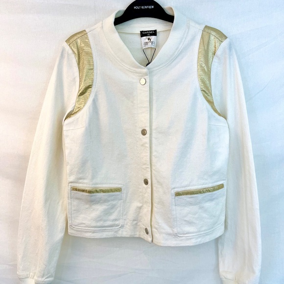 CHANEL Boutique, Bomber Jacket in White Linen and Gold Lurex, Size 38 - Picture 1 of 13